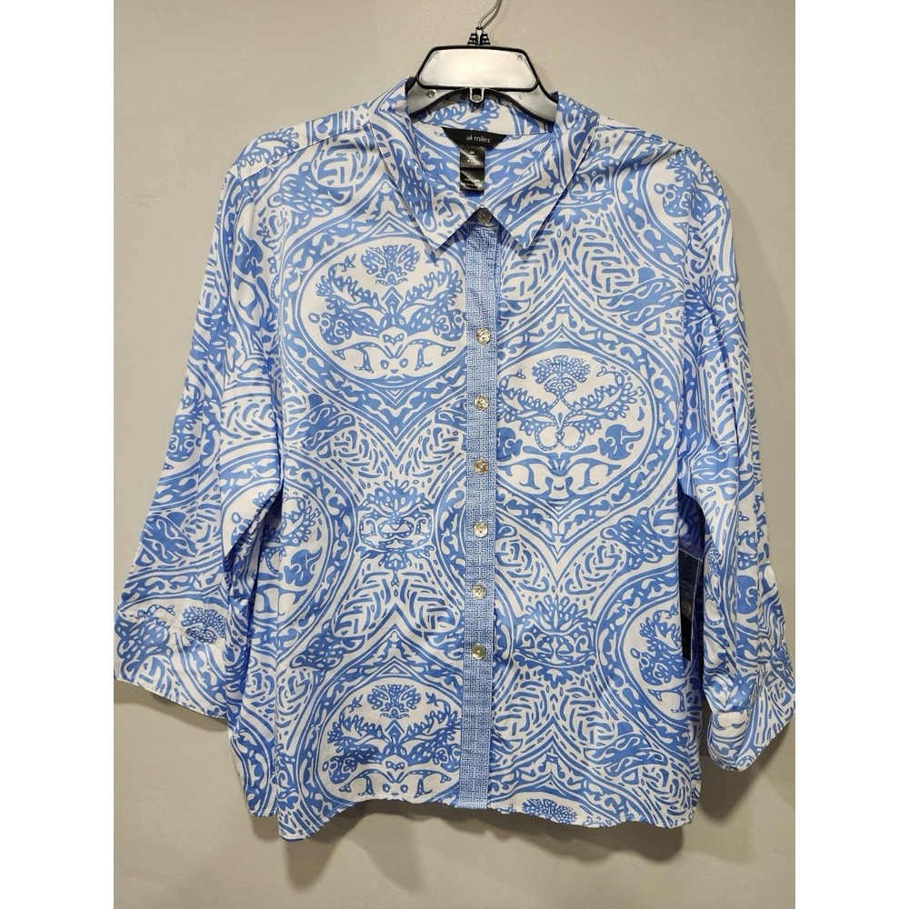 Ali Miles NWT Women's 3xl Blue Floral Paisley Button Up With Collar & 3/4 Sleeve